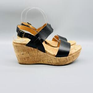 Kork Ease Sandals Womens 9 Black Leather Wedge Heel Slingback Buckle Strap Cork